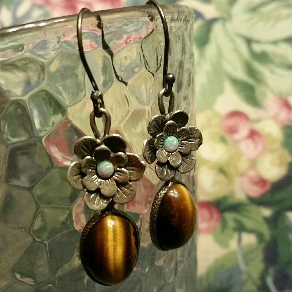 .925 Silver Flower Oval Tigers Eye Hook Earrings